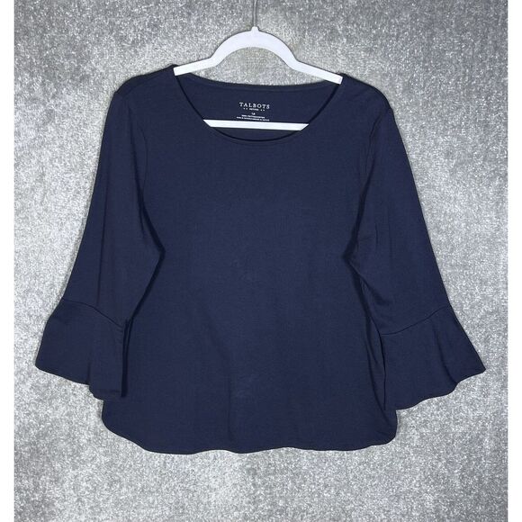 Talbots Petites Long Sleeve Bell Cuff Scoop Neck Top‎ Womens Size LP Blue Cotton - Picture 1 of 6